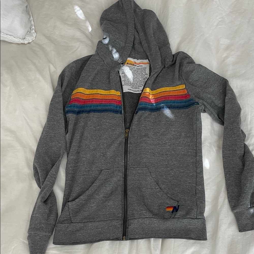 Aviator Nation Gray Hoodie with Orange and Yellow Stripes